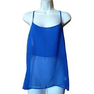 Solemio Women's Small Blue Spaghetti Strap Racerback Lace Trim Tank Top Sheer